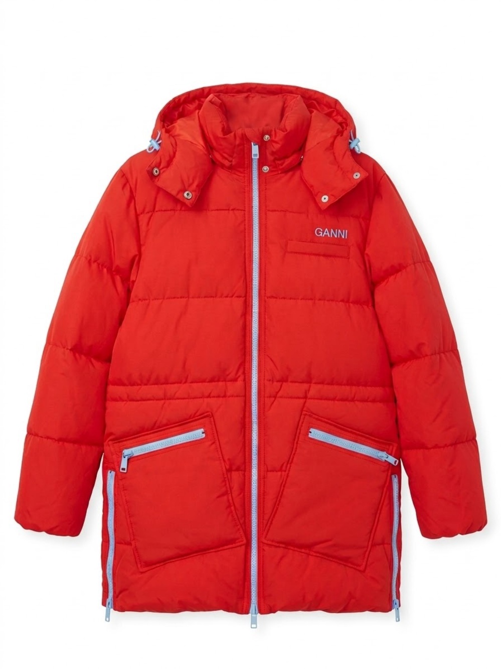 Ganni Bright Red Oversized Quilted Puffer Coat with Light Blue Trim
